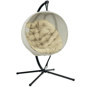 Hanging Egg Chair Outdoor Indoor Garden Swing Chair with Folding Basket, Garden Hanging Chair with Stand, Thickened Cushion, Cup Holder for Patio, Balcony, Khaki