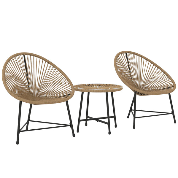 3 Pieces Rattan Bistro Set, Garden Bistro Set with Acapulco Chairs and Glass Top Table, Small Garden Furniture Set with Reinforced Metal Frame for Outdoor, Patio, Balcony, Natural