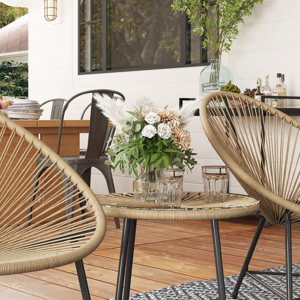 3 Pieces Rattan Bistro Set, Garden Bistro Set with Acapulco Chairs and Glass Top Table, Small Garden Furniture Set with Reinforced Metal Frame for Outdoor, Patio, Balcony, Natural