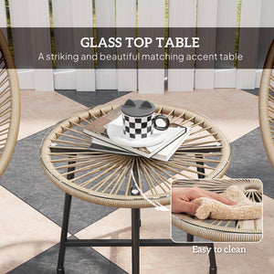 3 Pieces Rattan Bistro Set, Garden Bistro Set with Acapulco Chairs and Glass Top Table, Small Garden Furniture Set with Reinforced Metal Frame for Outdoor, Patio, Balcony, Natural