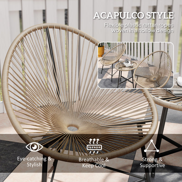 3 Pieces Rattan Bistro Set, Garden Bistro Set with Acapulco Chairs and Glass Top Table, Small Garden Furniture Set with Reinforced Metal Frame for Outdoor, Patio, Balcony, Natural