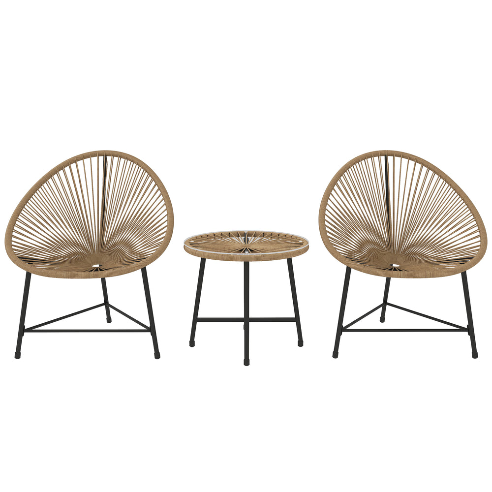 3 Pieces Rattan Bistro Set, Garden Bistro Set with Acapulco Chairs and Glass Top Table, Small Garden Furniture Set with Reinforced Metal Frame for Outdoor, Patio, Balcony, Natural