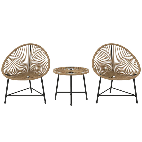 3 Pieces Rattan Bistro Set, Garden Bistro Set with Acapulco Chairs and Glass Top Table, Small Garden Furniture Set with Reinforced Metal Frame for Outdoor, Patio, Balcony, Natural