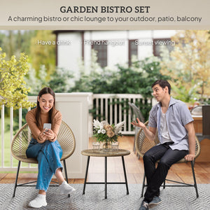 3 Pieces Rattan Bistro Set, Garden Bistro Set with Acapulco Chairs and Glass Top Table, Small Garden Furniture Set with Reinforced Metal Frame for Outdoor, Patio, Balcony, Natural