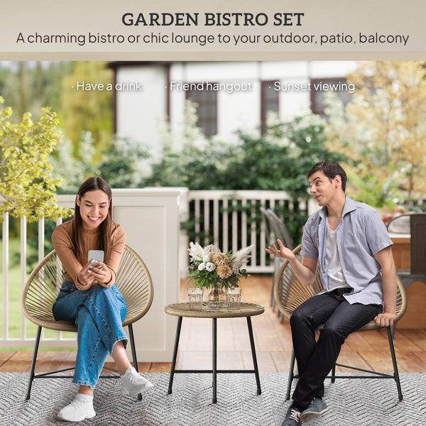 3 Pieces Rattan Bistro Set, Garden Bistro Set with Acapulco Chairs and Glass Top Table, Small Garden Furniture Set with Reinforced Metal Frame for Outdoor, Patio, Balcony, Natural