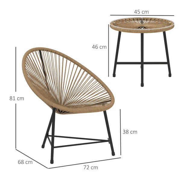 3 Pieces Rattan Bistro Set, Garden Bistro Set with Acapulco Chairs and Glass Top Table, Small Garden Furniture Set with Reinforced Metal Frame for Outdoor, Patio, Balcony, Natural