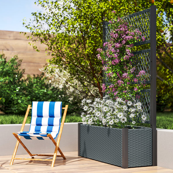 Wicker Outdoor Planter with Trellis, 58" Standing Raised Garden Bed with Liner, Drainage Holes, Privacy Screen Planter Box for Climbing Plants, Flowers, Dark Grey