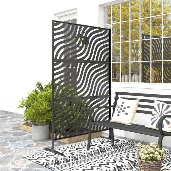 Metal Outdoor Privacy Screen, 78" x 48" Freestanding Outdoor Divider with Stand, Decorative Privacy Panel with Ripple Cut-out Design for Garden Patio Backyard, Black