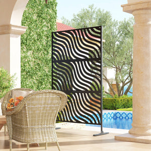 Metal Outdoor Privacy Screen, 78" x 48" Freestanding Outdoor Divider with Stand, Decorative Privacy Panel with Ripple Cut-out Design for Garden Patio Backyard, Black