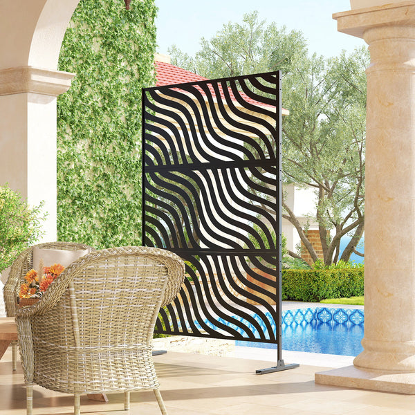 Metal Outdoor Privacy Screen, 78" x 48" Freestanding Outdoor Divider with Stand, Decorative Privacy Panel with Ripple Cut-out Design for Garden Patio Backyard, Black
