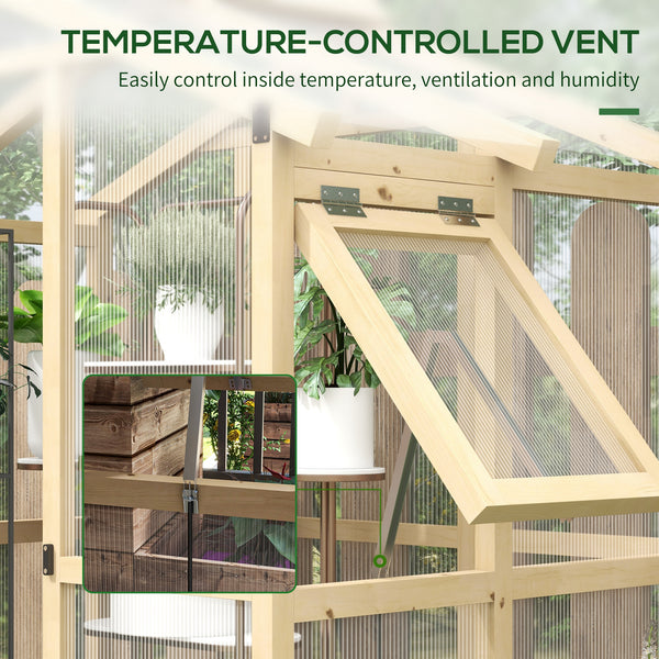 Outsunny 6.5' x 4' x 6.7' Walk-in Polycarbonate Greenhouse with Automatic Temperature Window and Lockable Door, Plant Gardening Hobby Green House with Fir Wood Frame for Backyard