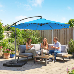 3 m Cantilever Parasol with Umbrella Weights, Cross Base, Offset Outdoor Umbrella with Protective Cover, Crank Handle, Hanging Sun Shade, Blue