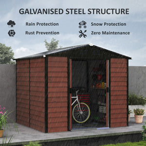 8' x 7' Outdoor Storage Shed, Easy to Assemble, Upgraded Galvanized Metal Garden Shed with Lockable Doors, Floor Frame and Gloves for Backyard, Lawn, Patio, Teak