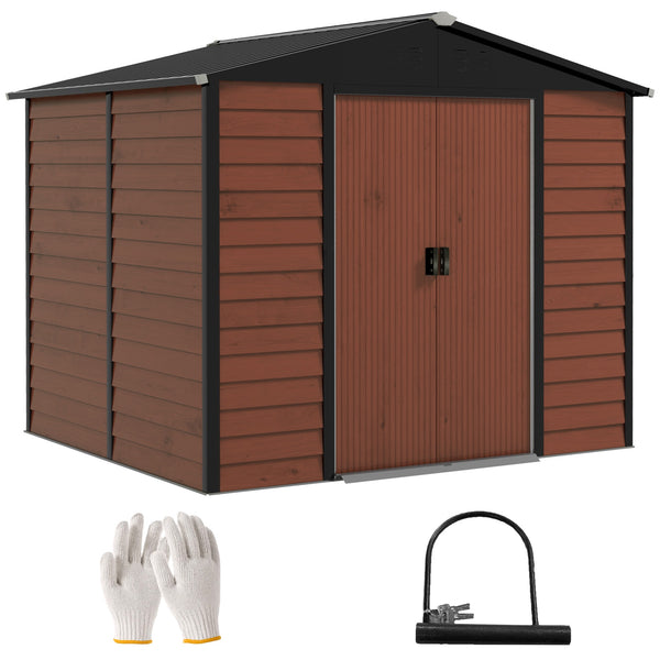 8' x 7' Outdoor Storage Shed, Easy to Assemble, Upgraded Galvanized Metal Garden Shed with Lockable Doors, Floor Frame and Gloves for Backyard, Lawn, Patio, Teak