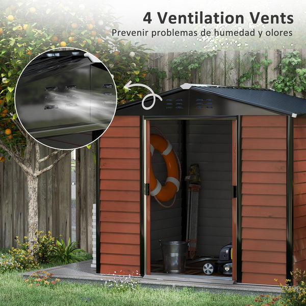 8' x 7' Outdoor Storage Shed, Easy to Assemble, Upgraded Galvanized Metal Garden Shed with Lockable Doors, Floor Frame and Gloves for Backyard, Lawn, Patio, Teak