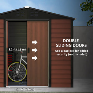 8' x 7' Outdoor Storage Shed, Easy to Assemble, Upgraded Galvanized Metal Garden Shed with Lockable Doors, Floor Frame and Gloves for Backyard, Lawn, Patio, Teak