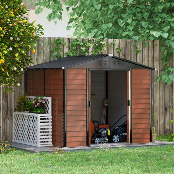 8' x 7' Outdoor Storage Shed, Easy to Assemble, Upgraded Galvanized Metal Garden Shed with Lockable Doors, Floor Frame and Gloves for Backyard, Lawn, Patio, Teak