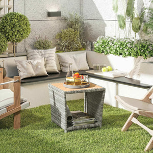 2-Tier PE Rattan Side Table with Storage Shelf, Square Outdoor Coffee Table with PS Wood Slat Top, UV-Resistant for Patio, Garden, Balcony, Light Grey