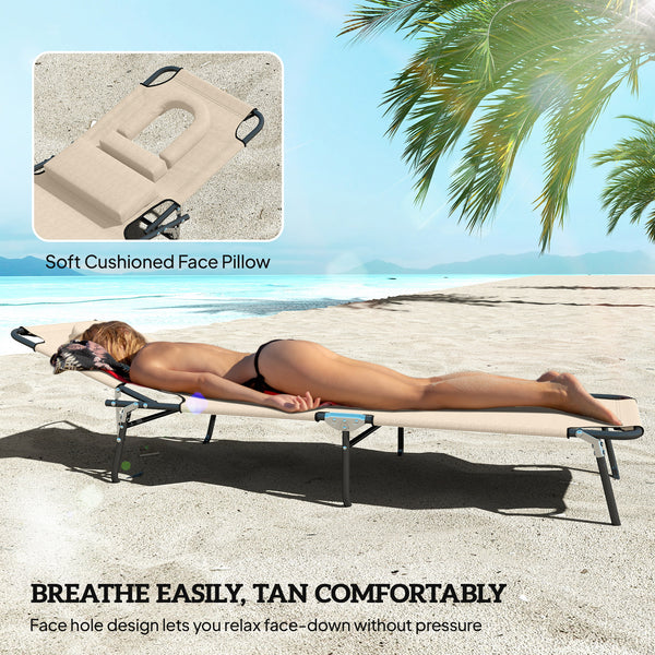 Adjustable Outdoor Lounge Chair, Garden Folding Chaise Lounge with Face Hole Reclining Tanning Chair Seat, Folding Camping Beach Lounging Bed w/ Support Pillow, Beige