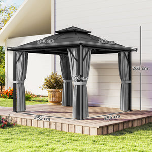 3 x 3(m) Hardtop Gazebo Canopy with UPF30+ Double Polycarbonate Roof, Aluminium Frame Garden Gazebo Permanent Pavilion with Mosquito Netting and Curtains for Patio, Deck, Grey