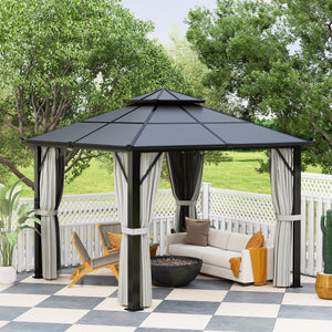 3 x 3(m) Hardtop Gazebo Canopy with UPF30+ Double Polycarbonate Roof, Aluminium Frame Garden Gazebo Permanent Pavilion with Mosquito Netting and Curtains for Patio, Deck, Grey