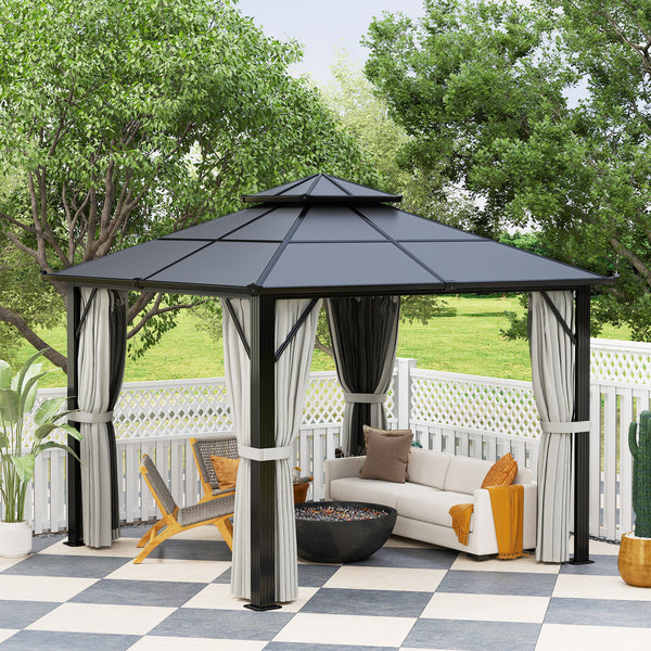 3 x 3(m) Hardtop Gazebo Canopy with UPF30+ Double Polycarbonate Roof, Aluminium Frame Garden Gazebo Permanent Pavilion with Mosquito Netting and Curtains for Patio, Deck, Grey