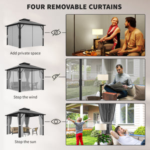 3 x 3(m) Hardtop Gazebo Canopy with UPF30+ Double Polycarbonate Roof, Aluminium Frame Garden Gazebo Permanent Pavilion with Mosquito Netting and Curtains for Patio, Deck, Grey