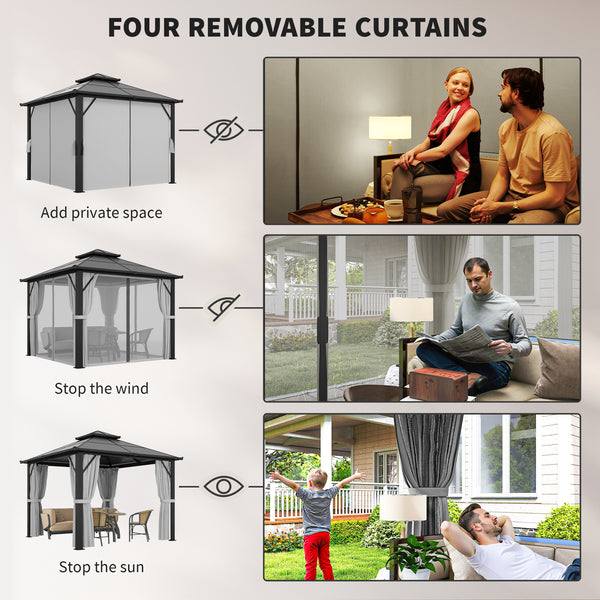 3 x 3(m) Hardtop Gazebo Canopy with UPF30+ Double Polycarbonate Roof, Aluminium Frame Garden Gazebo Permanent Pavilion with Mosquito Netting and Curtains for Patio, Deck, Grey