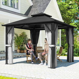 3 x 3(m) Hardtop Gazebo Canopy with UPF30+ Double Polycarbonate Roof, Aluminium Frame Garden Gazebo Permanent Pavilion with Mosquito Netting and Curtains for Patio, Deck, Grey