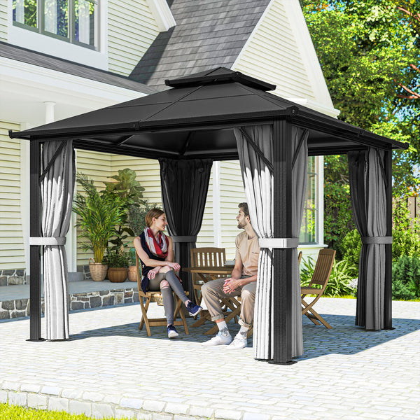 3 x 3(m) Hardtop Gazebo Canopy with UPF30+ Double Polycarbonate Roof, Aluminium Frame Garden Gazebo Permanent Pavilion with Mosquito Netting and Curtains for Patio, Deck, Grey