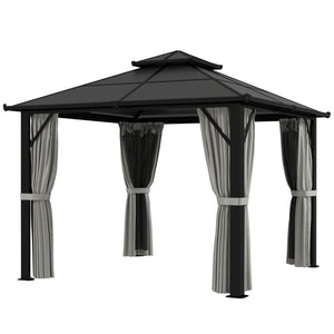 3 x 3(m) Hardtop Gazebo Canopy with UPF30+ Double Polycarbonate Roof, Aluminium Frame Garden Gazebo Permanent Pavilion with Mosquito Netting and Curtains for Patio, Deck, Grey