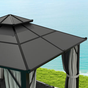 3 x 3(m) Hardtop Gazebo Canopy with UPF30+ Double Polycarbonate Roof, Aluminium Frame Garden Gazebo Permanent Pavilion with Mosquito Netting and Curtains for Patio, Deck, Grey