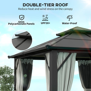 3 x 3(m) Hardtop Gazebo Canopy with UPF30+ Double Polycarbonate Roof, Aluminium Frame Garden Gazebo Permanent Pavilion with Mosquito Netting and Curtains for Patio, Deck, Grey