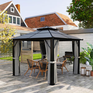 3 x 3(m) Hardtop Gazebo Canopy with UPF30+ Double Polycarbonate Roof, Aluminium Frame Garden Gazebo Permanent Pavilion with Mosquito Netting and Curtains for Patio, Deck, Grey