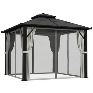 3 x 3(m) Hardtop Gazebo Canopy with UPF30+ Double Polycarbonate Roof, Aluminium Frame Garden Gazebo Permanent Pavilion with Mosquito Netting and Curtains for Patio, Deck, Grey