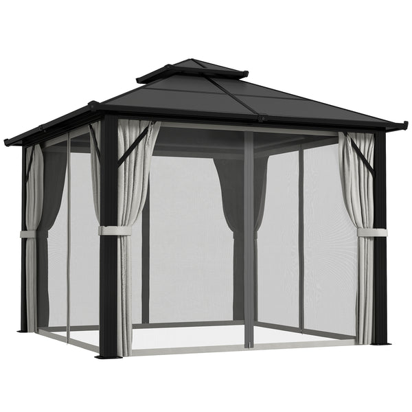 3 x 3(m) Hardtop Gazebo Canopy with UPF30+ Double Polycarbonate Roof, Aluminium Frame Garden Gazebo Permanent Pavilion with Mosquito Netting and Curtains for Patio, Deck, Grey