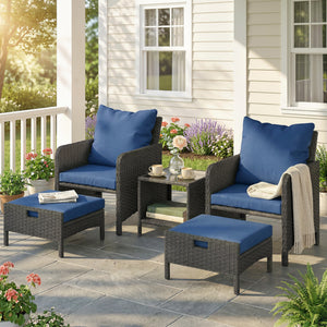 5 Piece Patio Furniture Set, Wicker Balcony Furniture with 23.6" Wide Deep Seat, 2 Ottomans, Glass Coffee Table, Cushions, Rattan Outdoor Conversation Patio Set for Garden Porch, Navy Blue