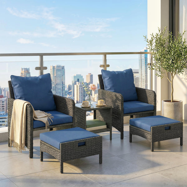 5 Piece Patio Furniture Set, Wicker Balcony Furniture with 23.6" Wide Deep Seat, 2 Ottomans, Glass Coffee Table, Cushions, Rattan Outdoor Conversation Patio Set for Garden Porch, Navy Blue