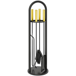 Fireplace Tools Set 5 Pieces Metal Fire Place Kit, Outdoor Indoor Fireside Accessories with Brush, Shovel, Poker, A Pair of Tongs, Stand, Gold