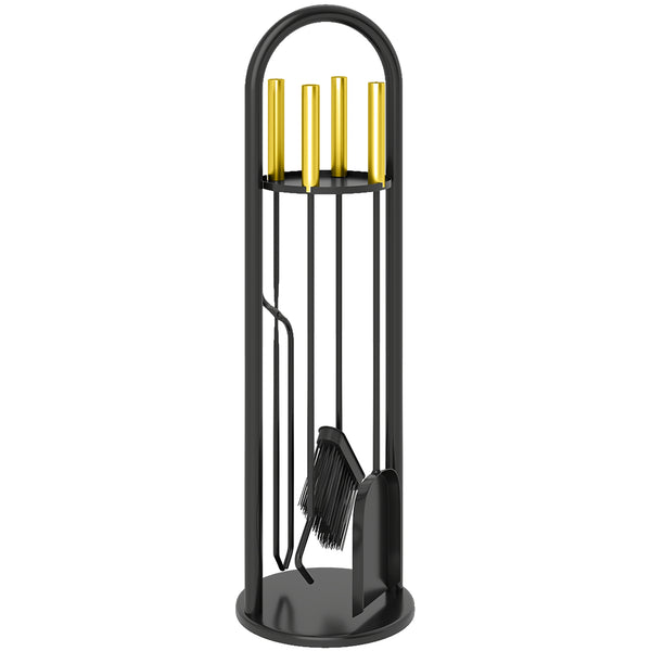 Fireplace Tools Set 5 Pieces Metal Fire Place Kit, Outdoor Indoor Fireside Accessories with Brush, Shovel, Poker, A Pair of Tongs, Stand, Gold