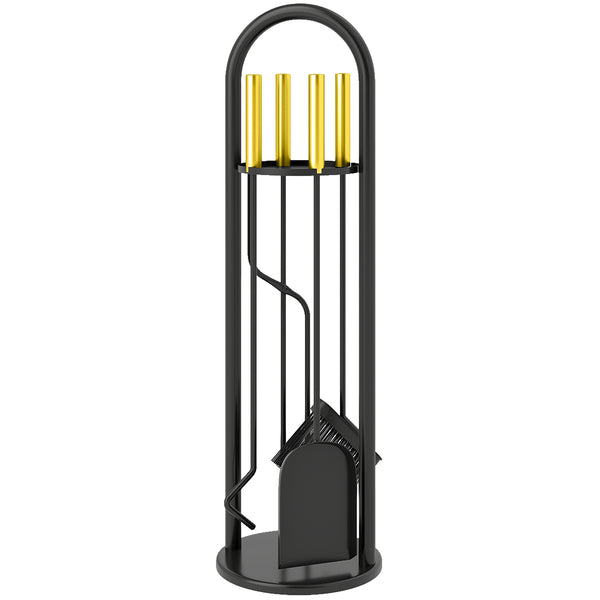 Fireplace Tools Set 5 Pieces Metal Fire Place Kit, Outdoor Indoor Fireside Accessories with Brush, Shovel, Poker, A Pair of Tongs, Stand, Gold