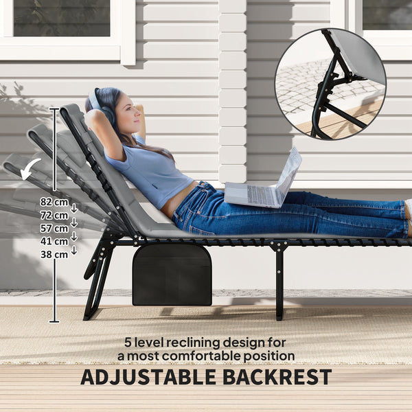 Folding Sun Loungers Set of 2, Recliner Garden Chairs with Quick Drying Pad Headrest Side Pocket, Garden Sun Loungers for Beach Pool, Charcoal Grey