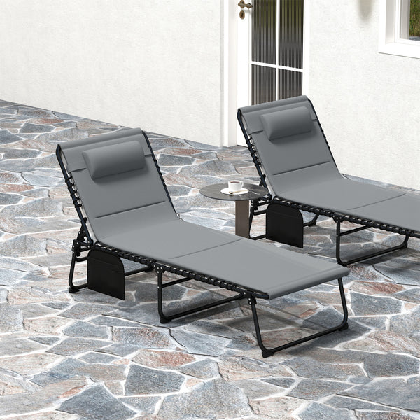 Folding Sun Loungers Set of 2, Recliner Garden Chairs with Quick Drying Pad Headrest Side Pocket, Garden Sun Loungers for Beach Pool, Charcoal Grey