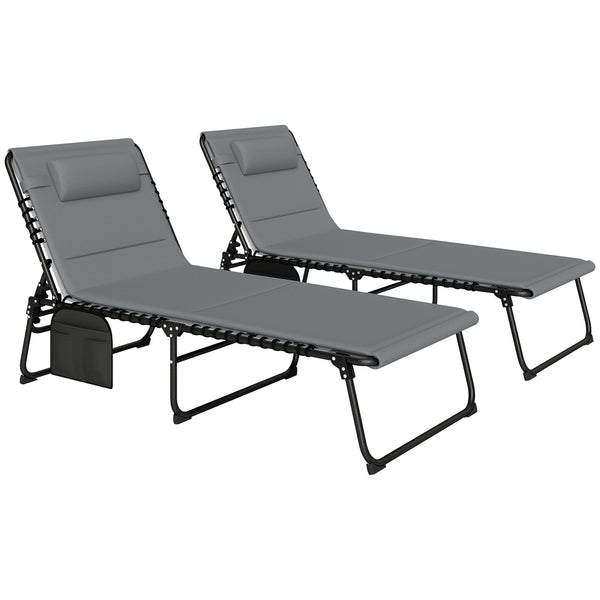Folding Sun Loungers Set of 2, Recliner Garden Chairs with Quick Drying Pad Headrest Side Pocket, Garden Sun Loungers for Beach Pool, Charcoal Grey