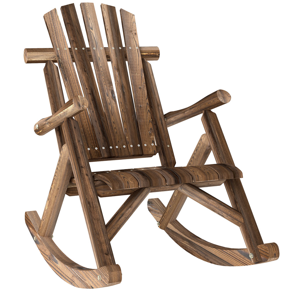 Outdoor Rocking Chair, Wooden Adirondack Outdoor Rocker with High Back and Slatted Seat, Oversized Rustic Patio Rocking Chair for Garden, Porch, Yard, Balcony, Carbonized