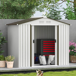 Outsunny 7' x 4' Outdoor Storage Shed, Garden Tool Metal Shed with Foundation Kit, Double Lockable Door, Air Vents and Sloping Roof, for Backyard, Patio, Lawn, White