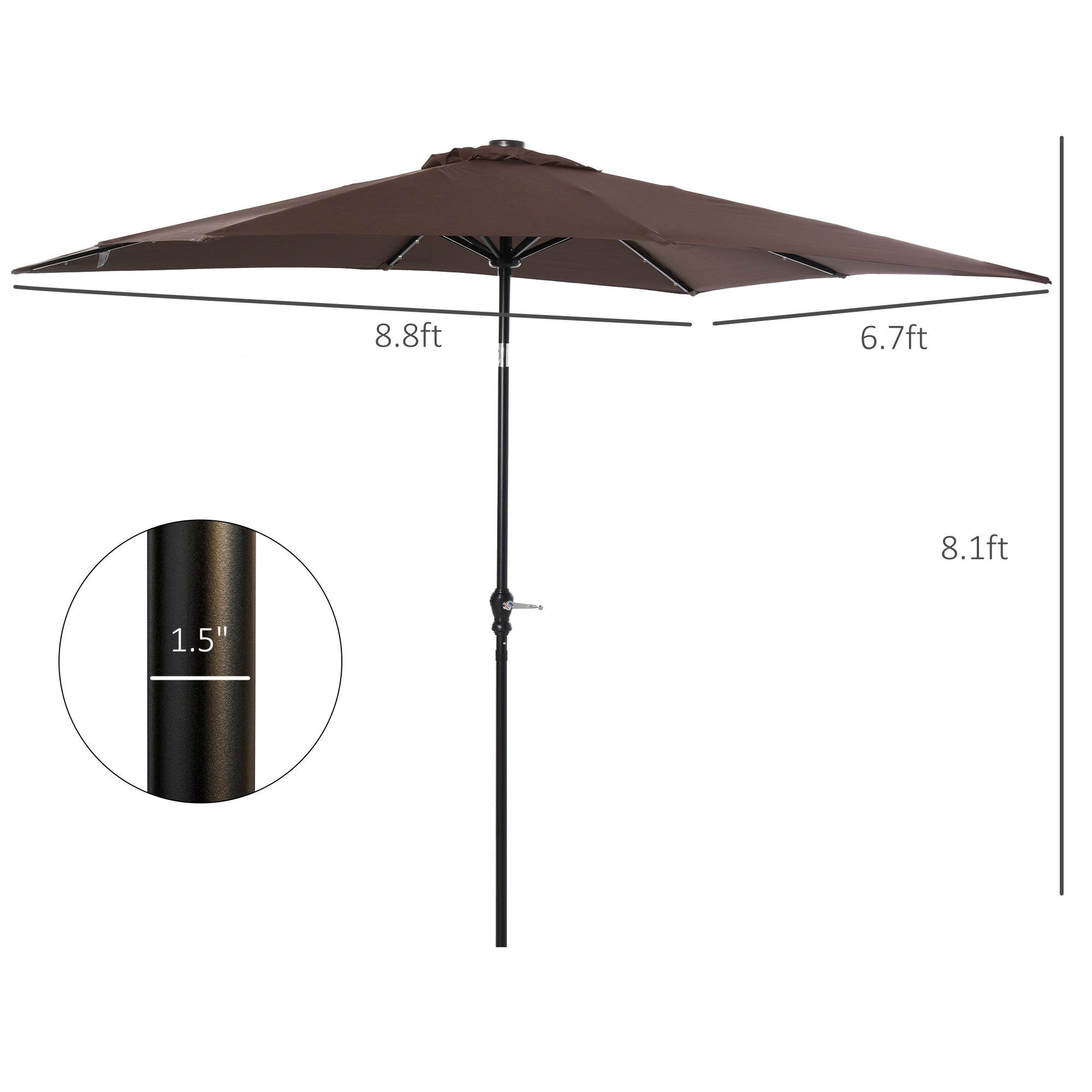 7.5 solar patio umbrella Outsunny 9' x 7' Patio Umbrella Outdoor Table Market Umbrella with Crank, Solar LED Lights, 45° Tilt, Push-Button Operation, for Deck, Pool, Brown