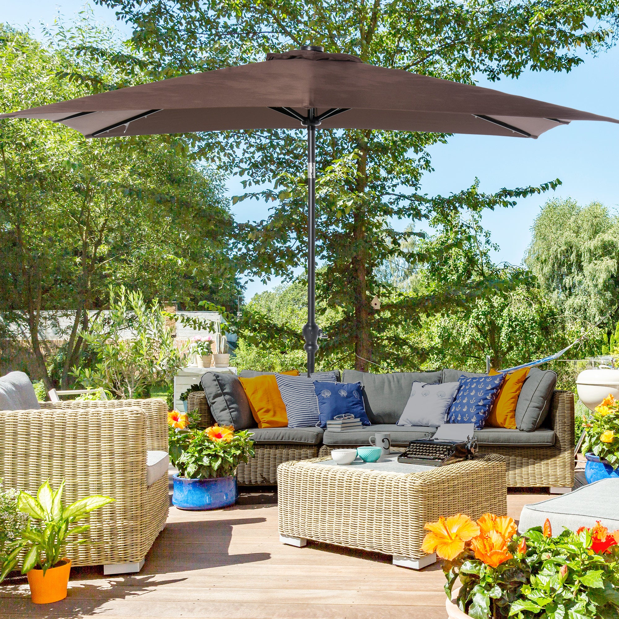 9 x 7 patio umbrella Outsunny 9' x 7' Patio Umbrella Outdoor Table Market Umbrella with Crank, Solar LED Lights, 45° Tilt, Push-Button Operation, for Deck, Pool, Brown