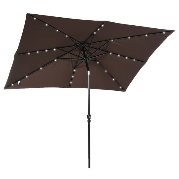 Outsunny 9' x 7' Solar Umbrella, LED Lighted Patio Umbrella for Table or Base with Tilt & Crank, Outdoor Umbrella for Garden, Deck, Backyard, Pool, Beach, Brown