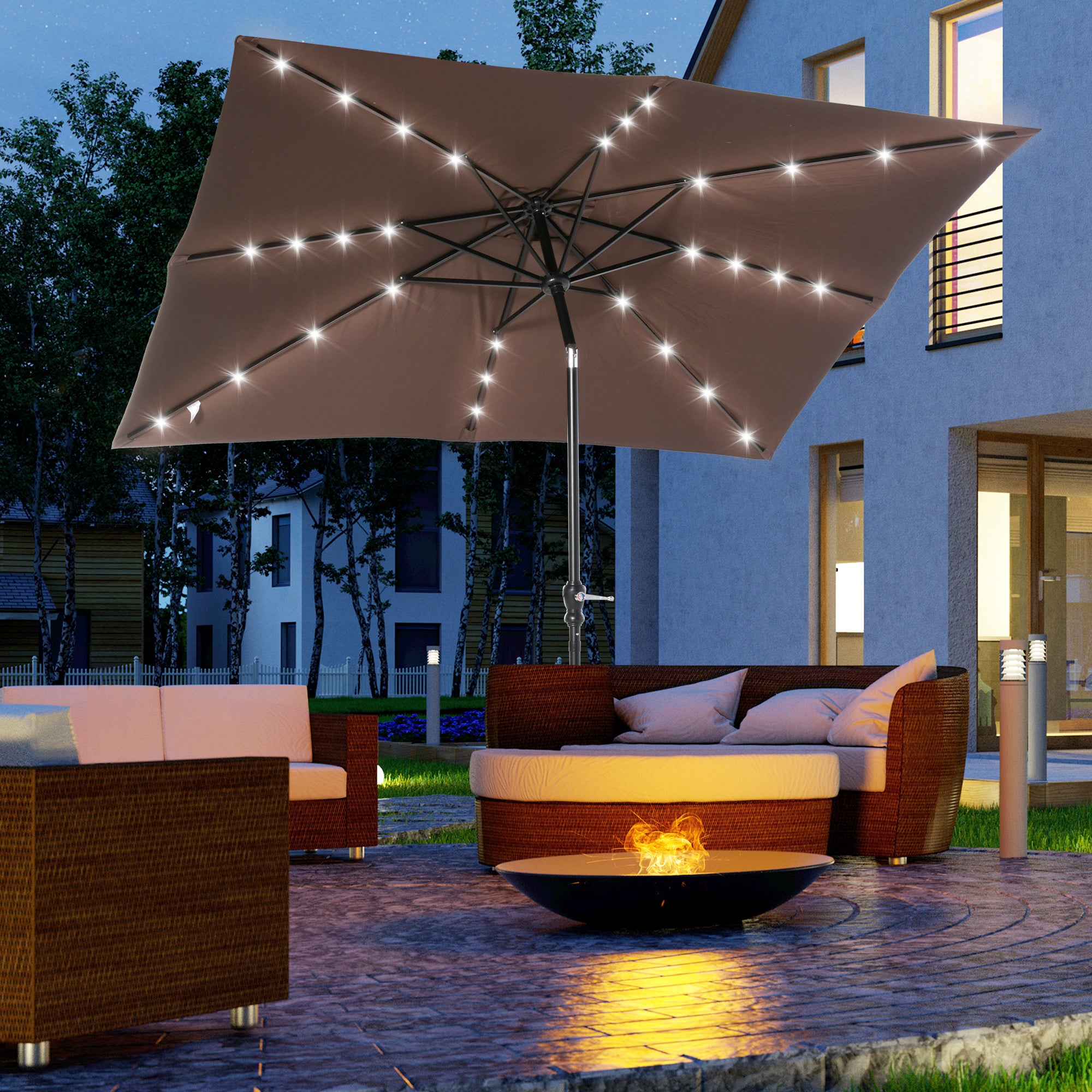 7.5 solar patio umbrella Outsunny 9' x 7' Patio Umbrella Outdoor Table Market Umbrella with Crank, Solar LED Lights, 45° Tilt, Push-Button Operation, for Deck, Pool, Brown